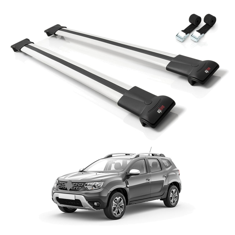 Roof Bars Compatible with Renault Duster 2 (HM) 2018-2024, Grey, 2 Bars with Straps