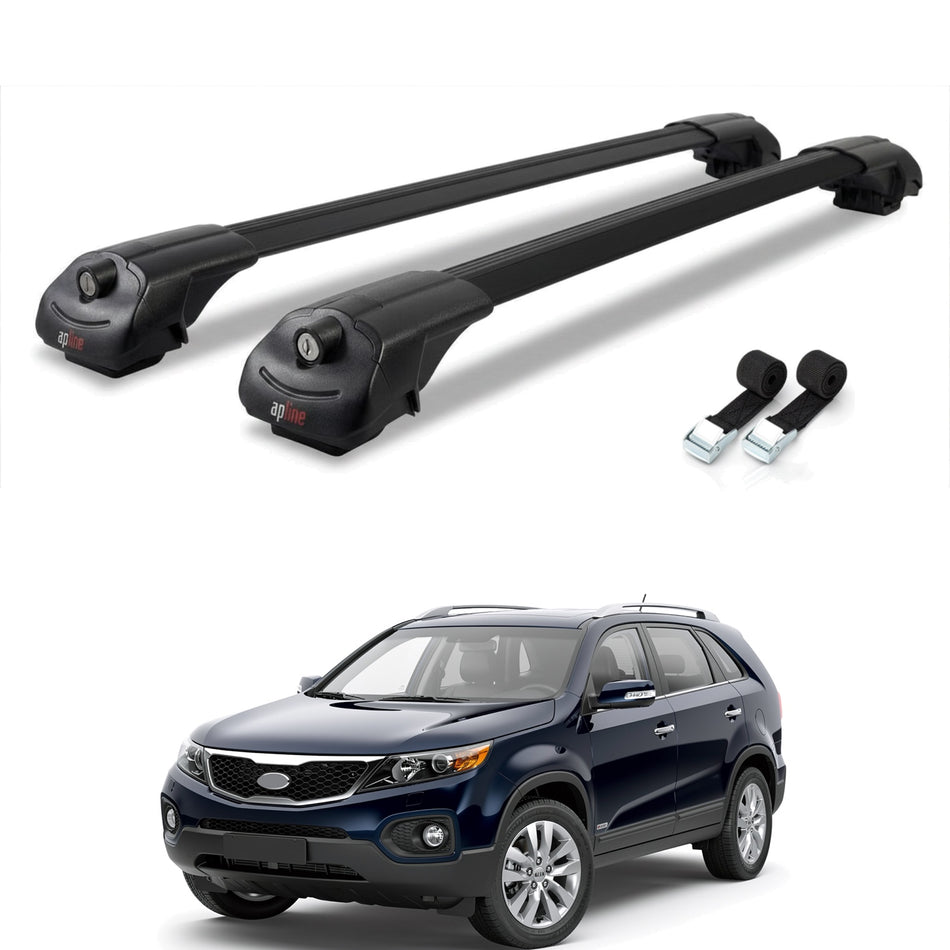Roof Bars Compatible with Kia Sorento 2 (XM) 2010-2014, Black, 2 Bars with Straps