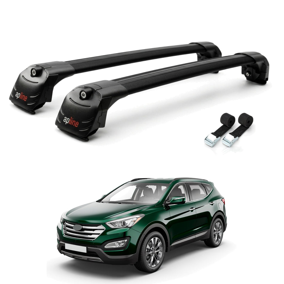 Roof Bars Compatible with Hyundai Santa Fe 3 (DM) 2013-2018, Black, 2 Bars with Straps
