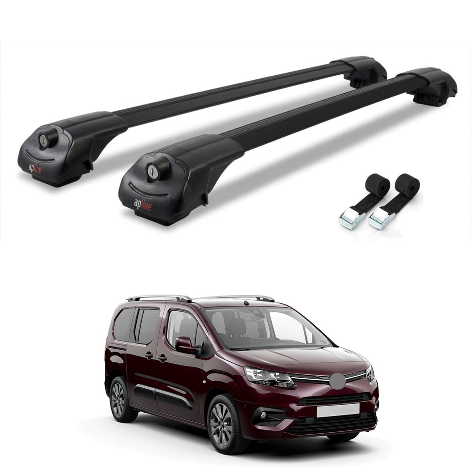 Roof Bars Compatible with Toyota Proace City Verso 2019-2022, Black, 2 Bars with Straps