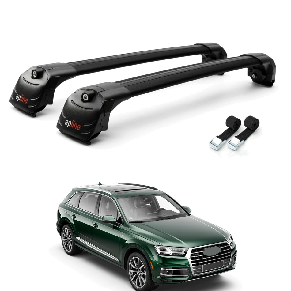 Roof Bars Compatible with Audi Q7 (4M) 2016-2025, Black, 2 Bars with Straps
