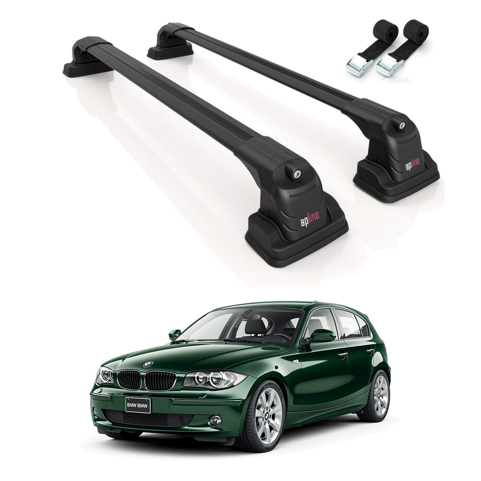 Roof Bars Compatible with BMW 1 Series (E81) 2007-2011, Black, 2 Bars with Straps