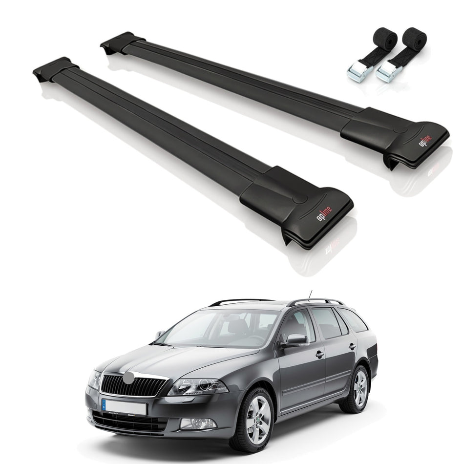 Roof Bars Compatible with Skoda Octavia 2 (1Z) 2004-2013, Black, 2 Bars with Straps