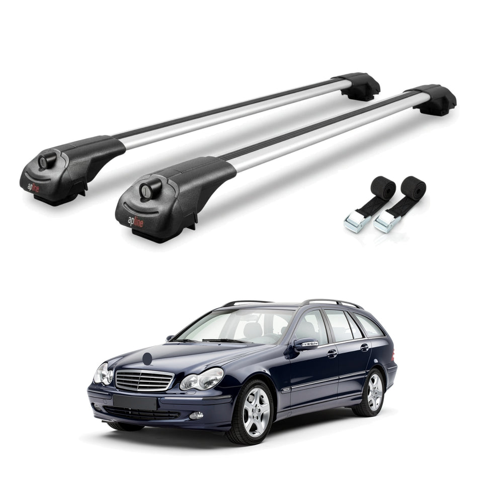 Roof Bars Compatible with Mercedes C Class 2 (S203) 2000-2007, Grey, 2 Bars with Straps.