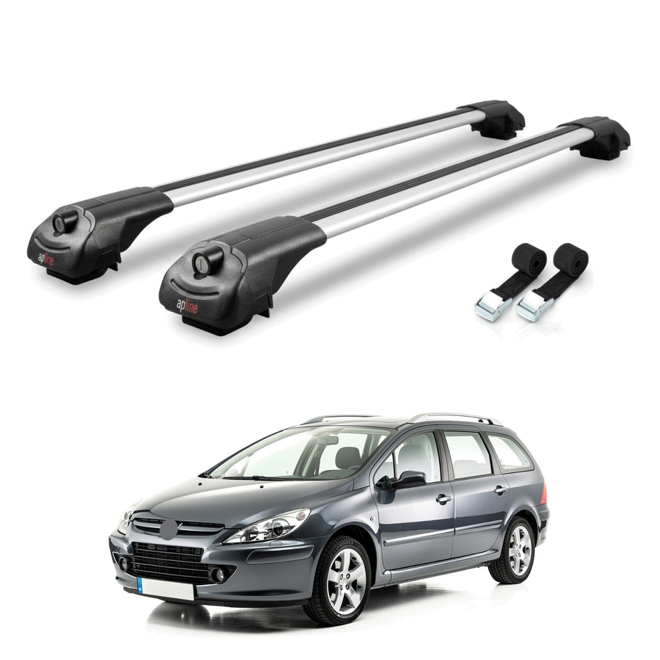 Roof Bars Compatible with Peugeot 307 SW 2002-2008, Grey, 2 Bars with Straps.
