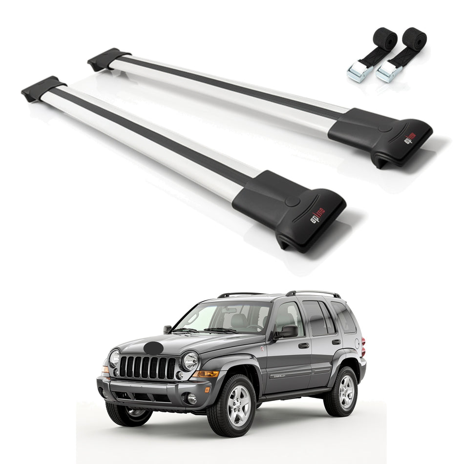 Roof Bars Compatible with Jeep Liberty 2002-2007, Grey, 2 Bars with Straps