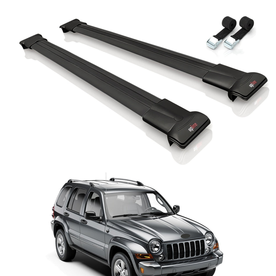 Roof Bars Compatible with Jeep Liberty 2002-2007, Black, 2 Bars with Straps