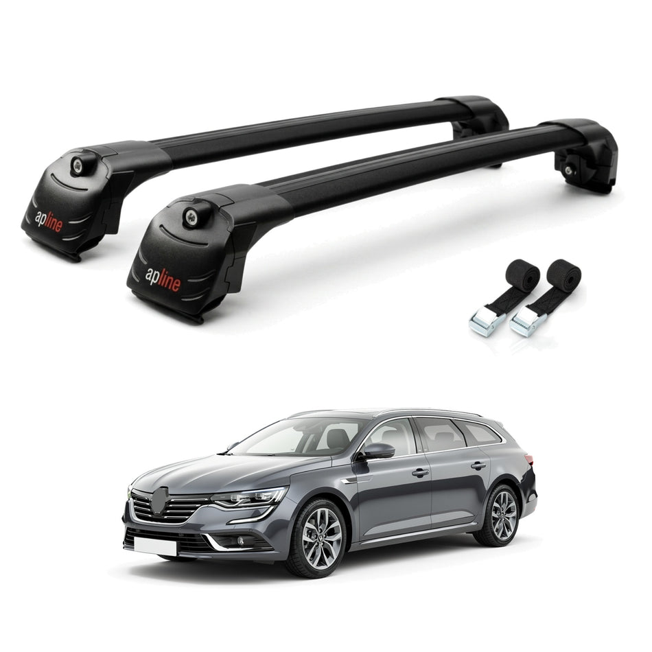 Roof Bars Compatible with Renault Talisman SW 2015-2022, Black, 2 Bars with Straps