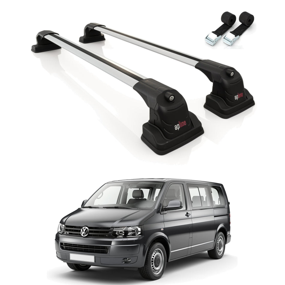 Roof Bars Compatible with Volkswagen Transporter (T5) 2003-2015, Grey, 2 Bars with Straps