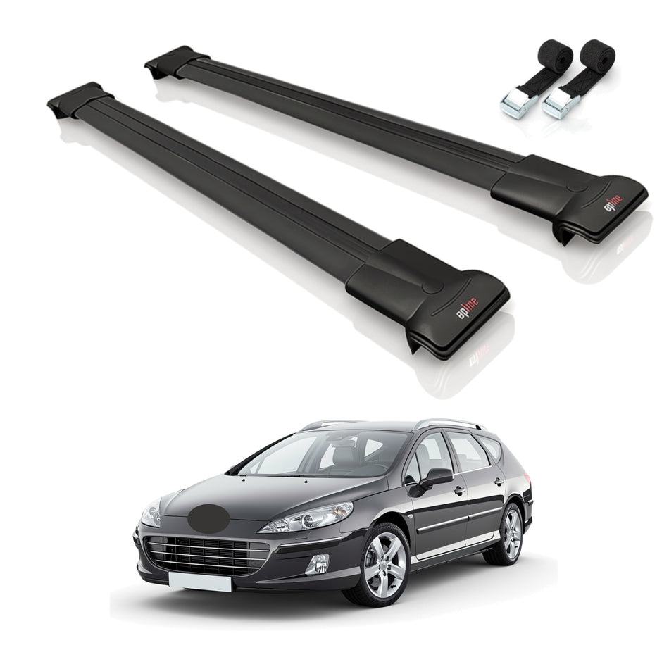 Roof Bars Compatible with Peugeot 407 SW 2005-2011, Black, 2 Bars with Straps