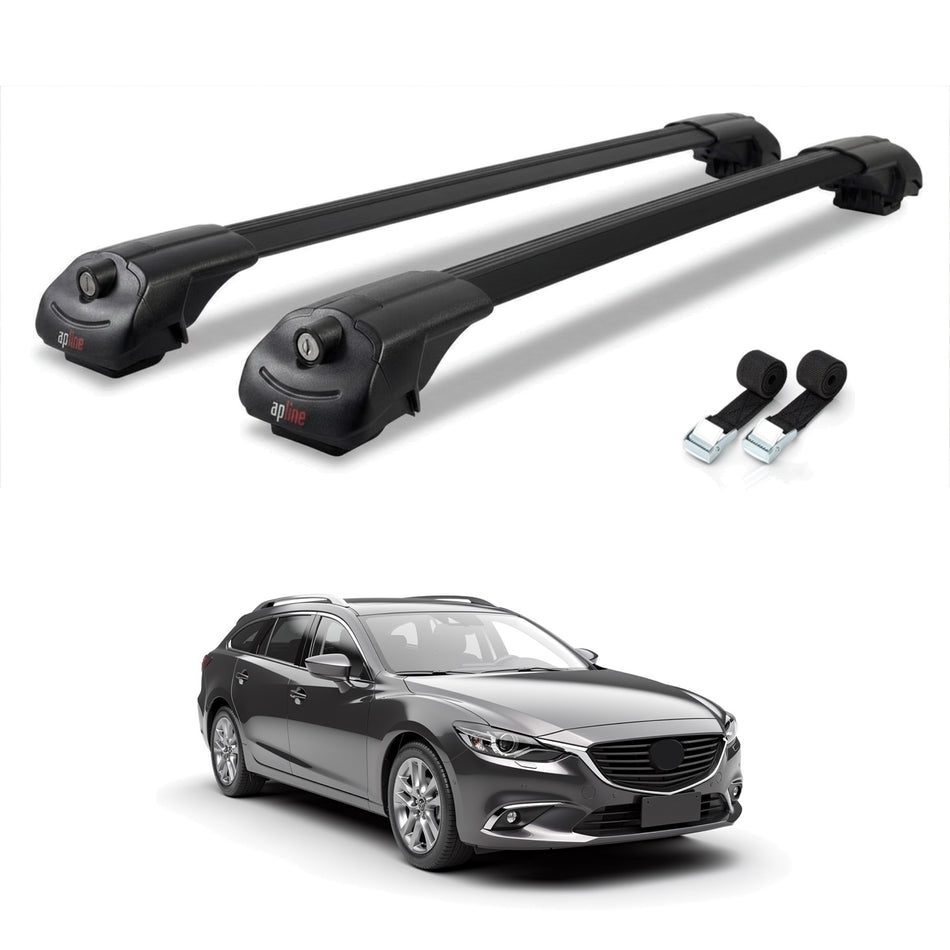 Roof Bars Compatible with Mazda 6 Wagon 2012-2024, Black, 2 Bars with Straps