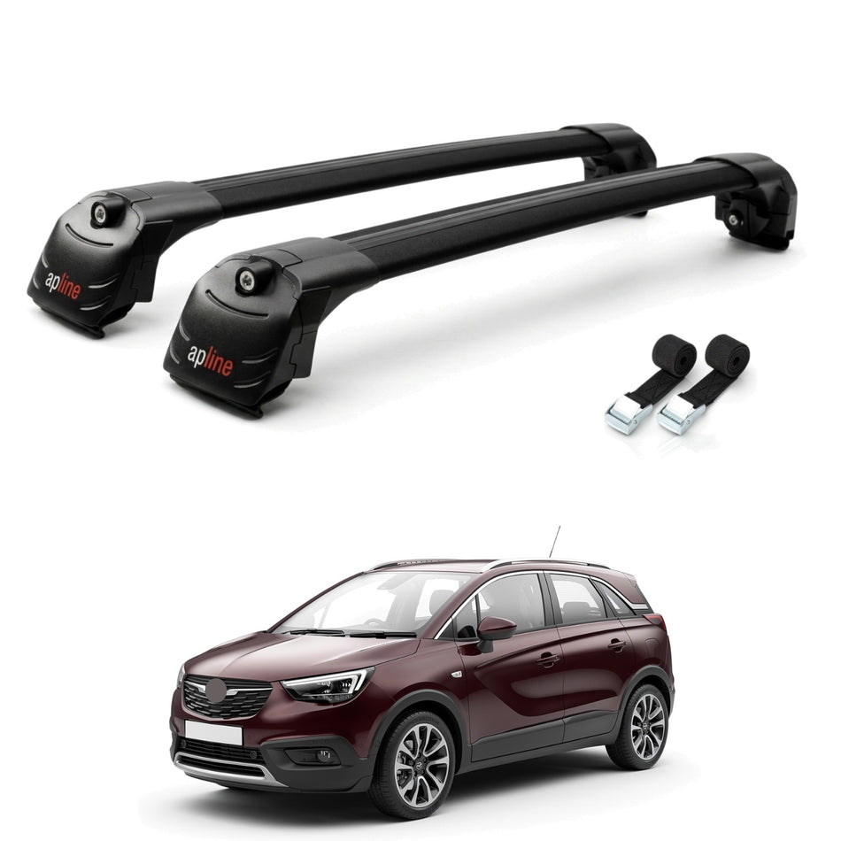 Roof Bars Compatible with Vauxhall Crossland X 2017-2021, Black, 2 Bars with Straps