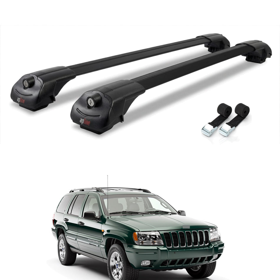 Roof Bars Compatible with Jeep Grand Cherokee 2 (WJ) 1999-2004, Black, 2 Bars with Straps