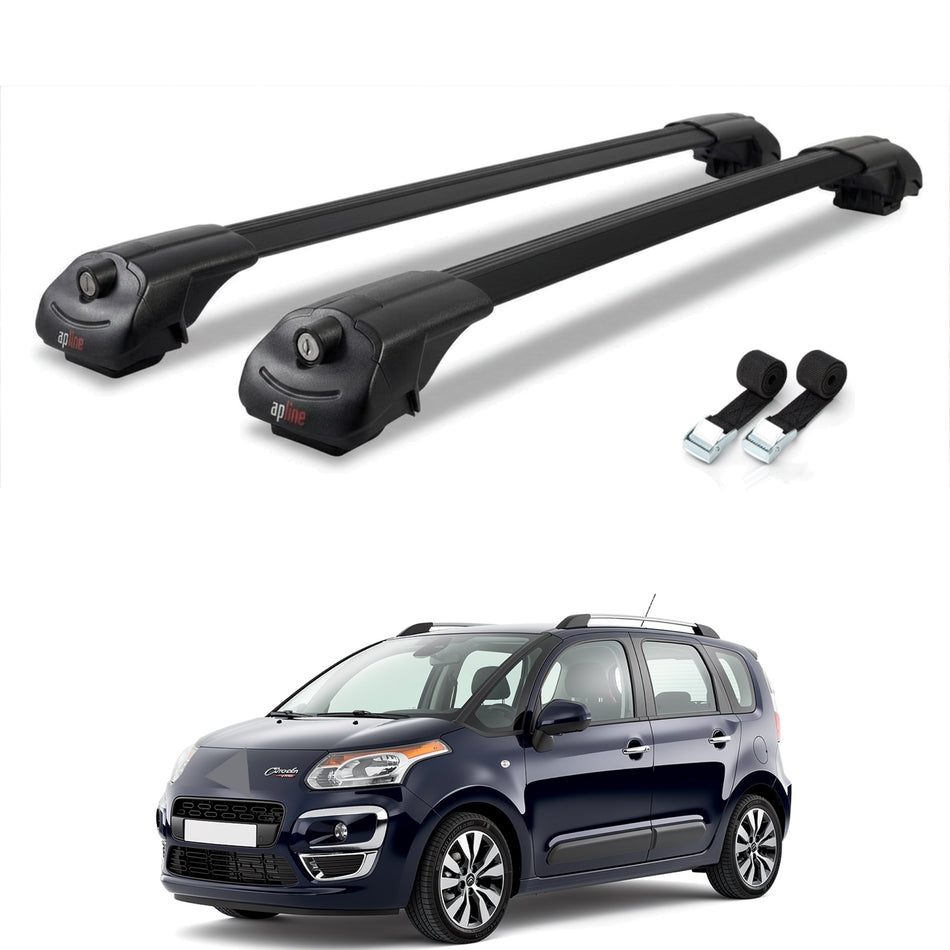 Roof Bars Compatible with Citroen C3 Picasso 2009-2017, Black, 2 Bars with Straps