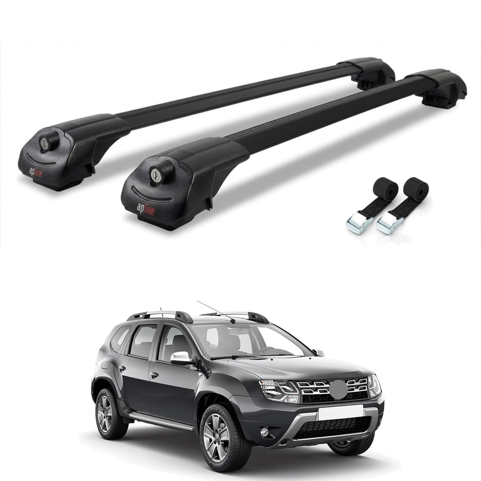 Roof Bars Compatible with Dacia Duster (HS) Post-Facelift 2014-2018, Black, 2 Bars with Straps