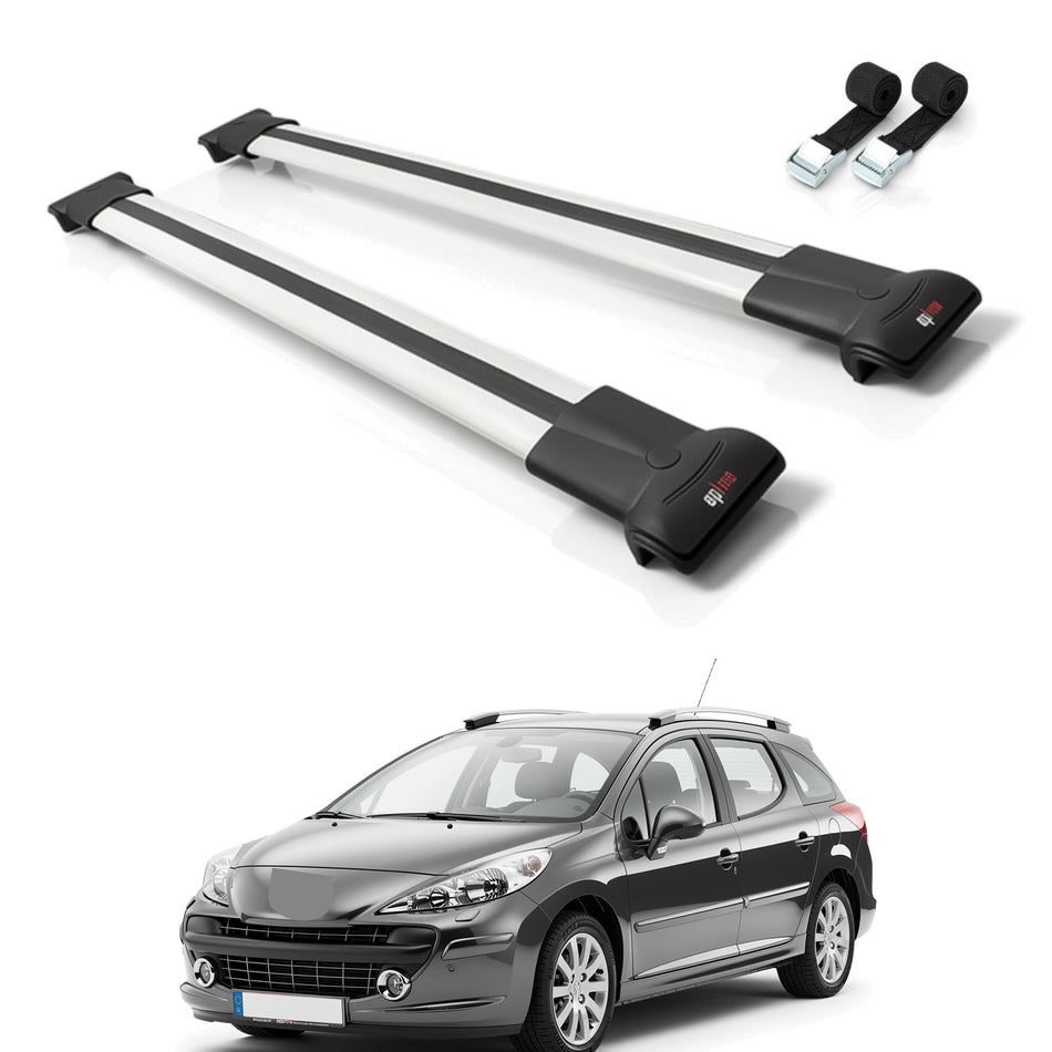 Roof Bars Compatible with Peugeot 207 SW 2006-2014, Grey, 2 Bars with Straps