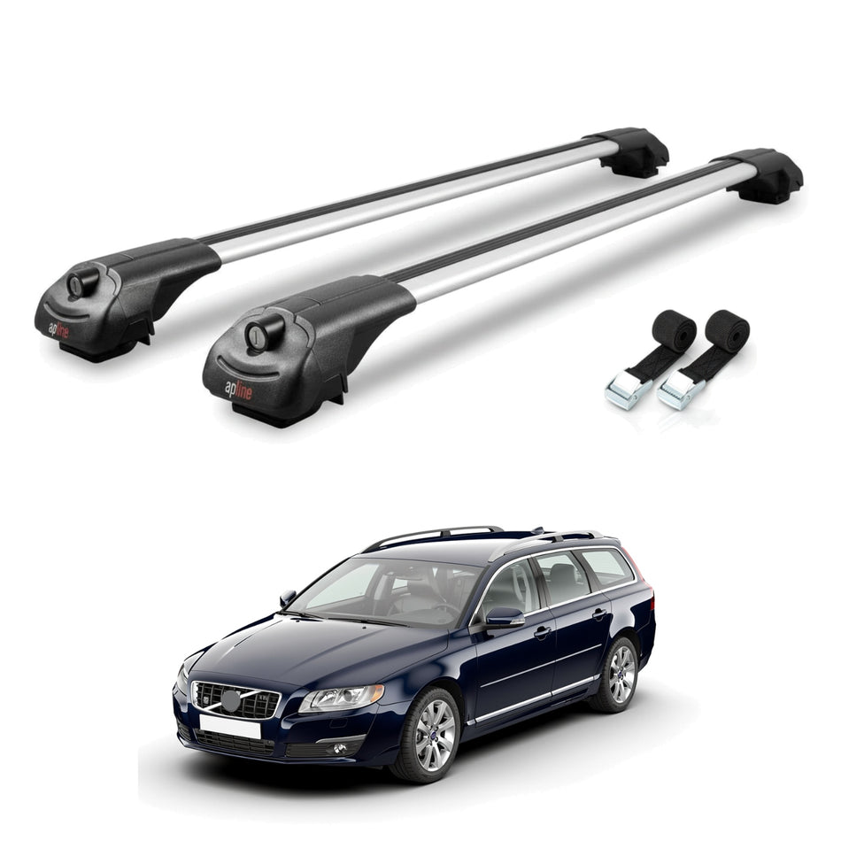 Roof Bars Compatible with Volvo V70 III 2008-2016, Grey, 2 Bars with Straps.
