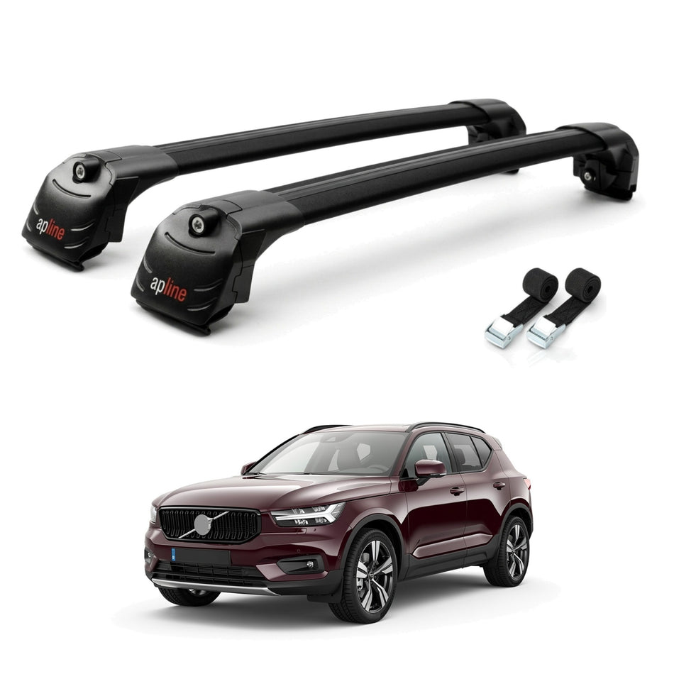 Roof Bars Compatible with Volvo XC40 2018-2025, Black, 2 Bars with Straps