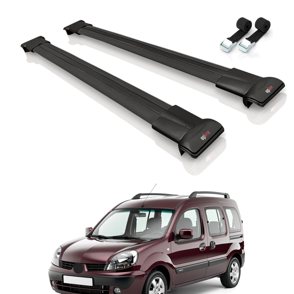 Roof Bars Compatible with Renault Kangoo (X76) Post-Facelift 2003-2008, Black, 2 Bars with Straps