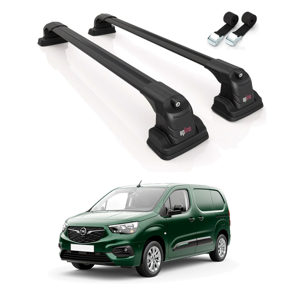 Roof Bars Compatible with Opel Combo E 2019-2023, Black, 2 Bars with Straps