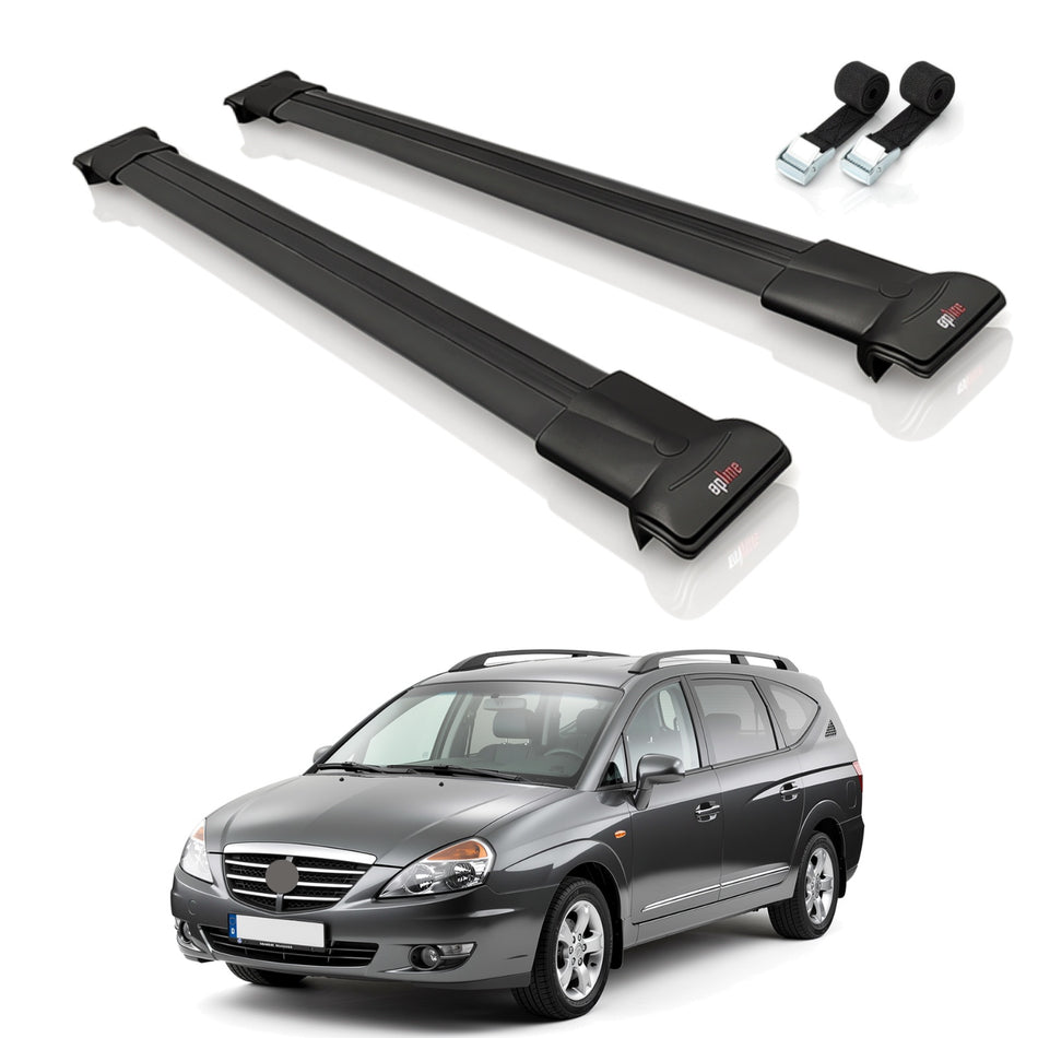 Roof Bars Compatible with Ssangyong Rodius 2005-2012, Black, 2 Bars with Straps