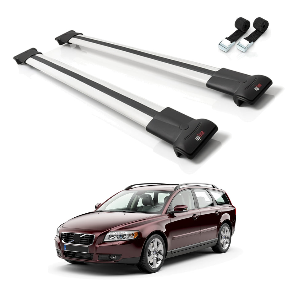Roof Bars Compatible with Volvo V50 2004-2012, Grey, 2 Bars with Straps