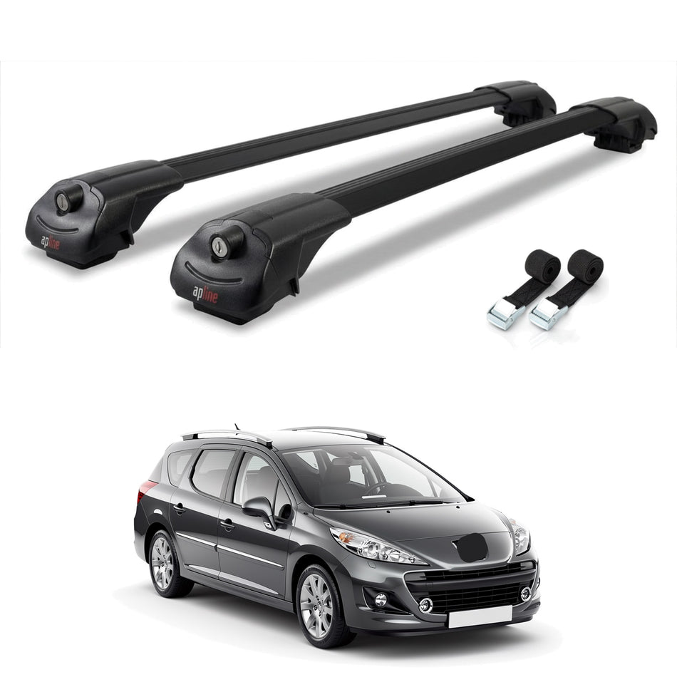 Roof Bars Compatible with Peugeot 207 SW 2006-2014, Black, 2 Bars with Straps