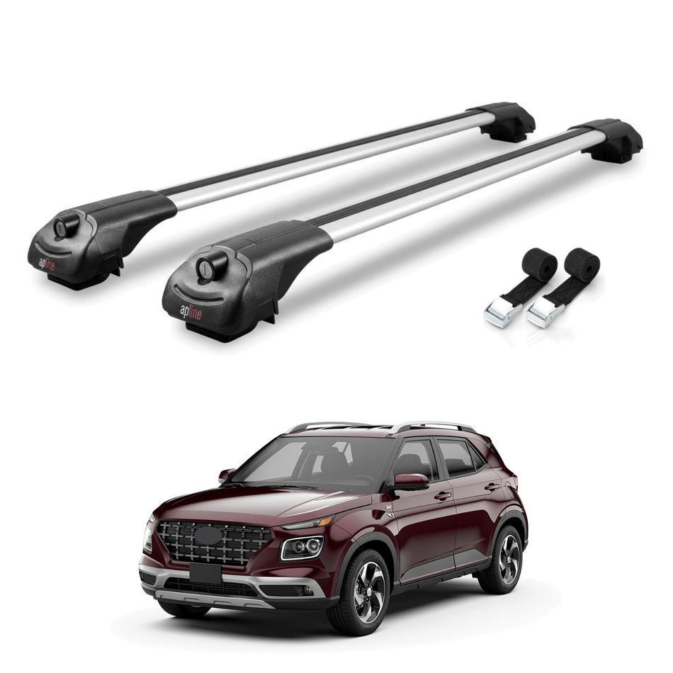 Roof Bars Compatible with Hyundai Venue (QX) 2019-2024, Grey, 2 Bars with Straps.