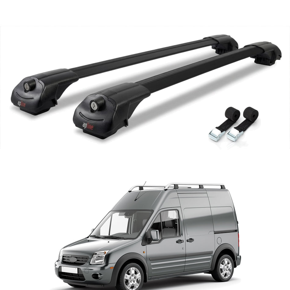 Roof Bars Compatible with Ford Transit/Tourneo Connect 2002-2013, Black, 2 Bars with Straps