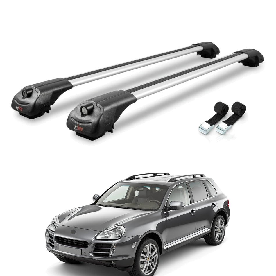 Roof Bars Compatible with Porsche Cayenne (9PA) 2003-2010, Grey, 2 Bars with Straps.