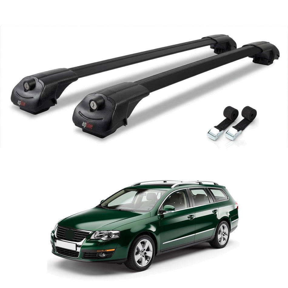 Roof Bars Compatible with Volkswagen Passat B6 (3C) Variant 2005-2010, Black, 2 Bars with Straps