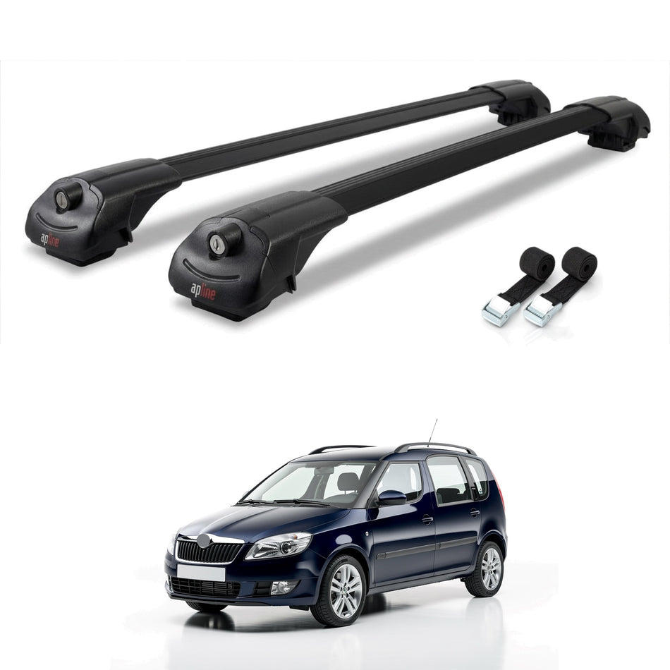 Roof Bars Compatible with Skoda Roomster 2006-2015, Black, 2 Bars with Straps
