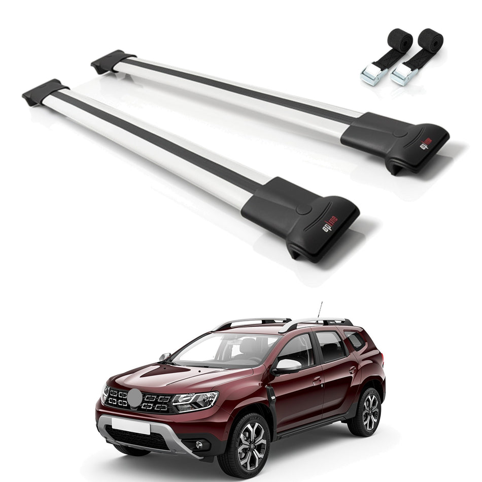 Roof Bars Compatible with Dacia Duster 2 (HM) 2018-2024, Grey, 2 Bars with Straps
