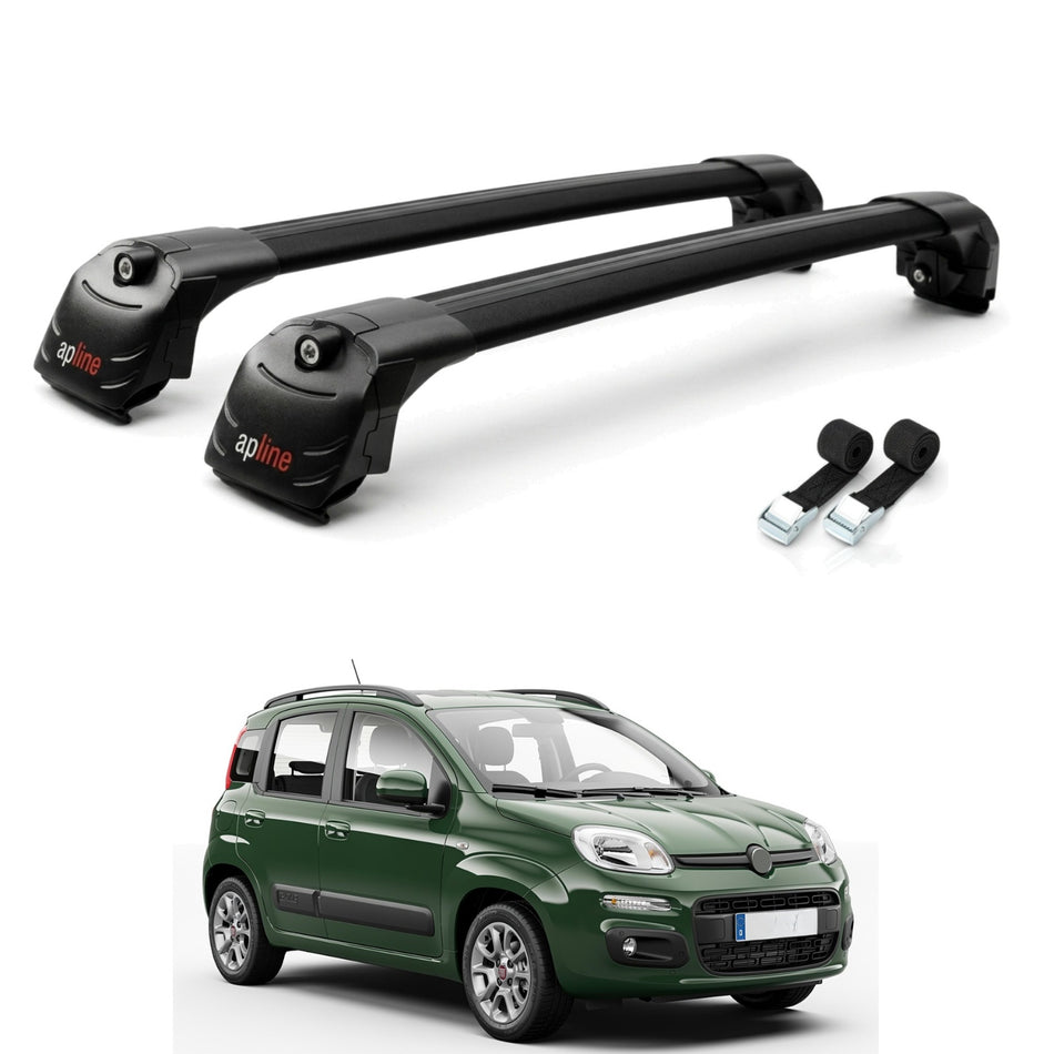 Roof Bars Compatible with Fiat Panda 3 (319) 2012-2024, Black, 2 Bars with Straps