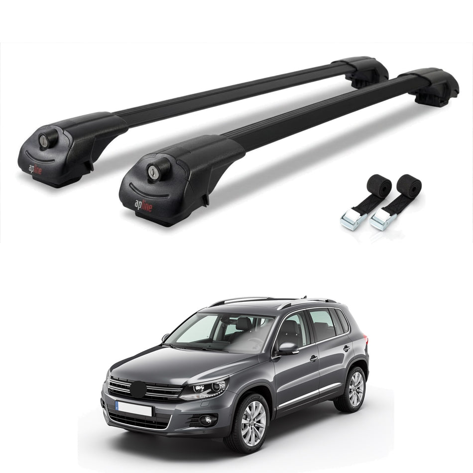 Roof Bars Compatible with Volkswagen Tiguan (5N) 2007-2016, Black, 2 Bars with Straps