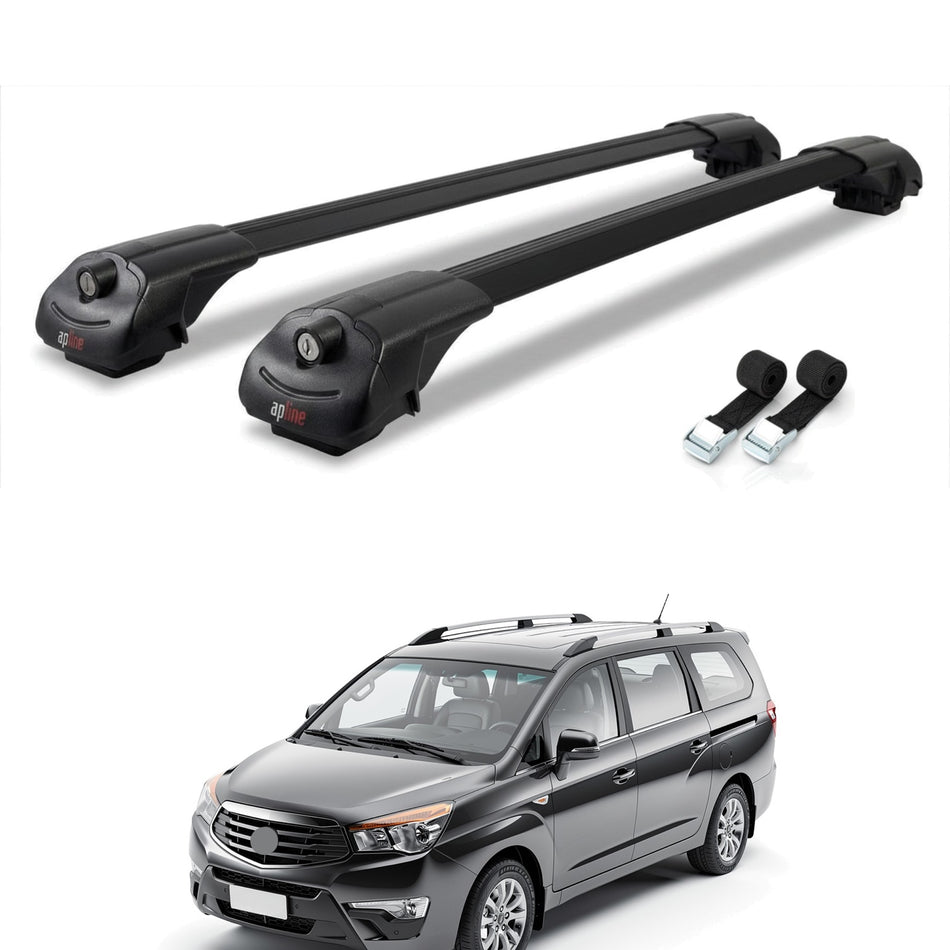 Roof Bars Compatible with Ssangyong Stavic 2 2013-2019, Black, 2 Bars with Straps