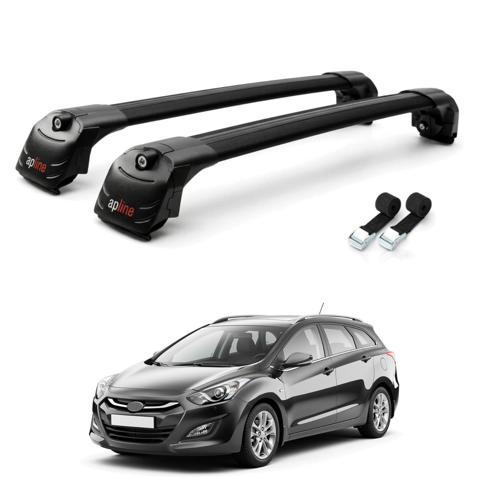 Roof Bars Compatible with Hyundai i30 2 (GD) Tourer 2012-2016, Black, 2 Bars with Straps