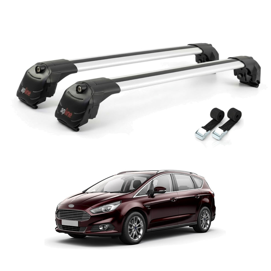 Roof Bars Compatible with Ford S-Max 2 (CD539) 2015-2024, Grey, 2 Bars with Straps