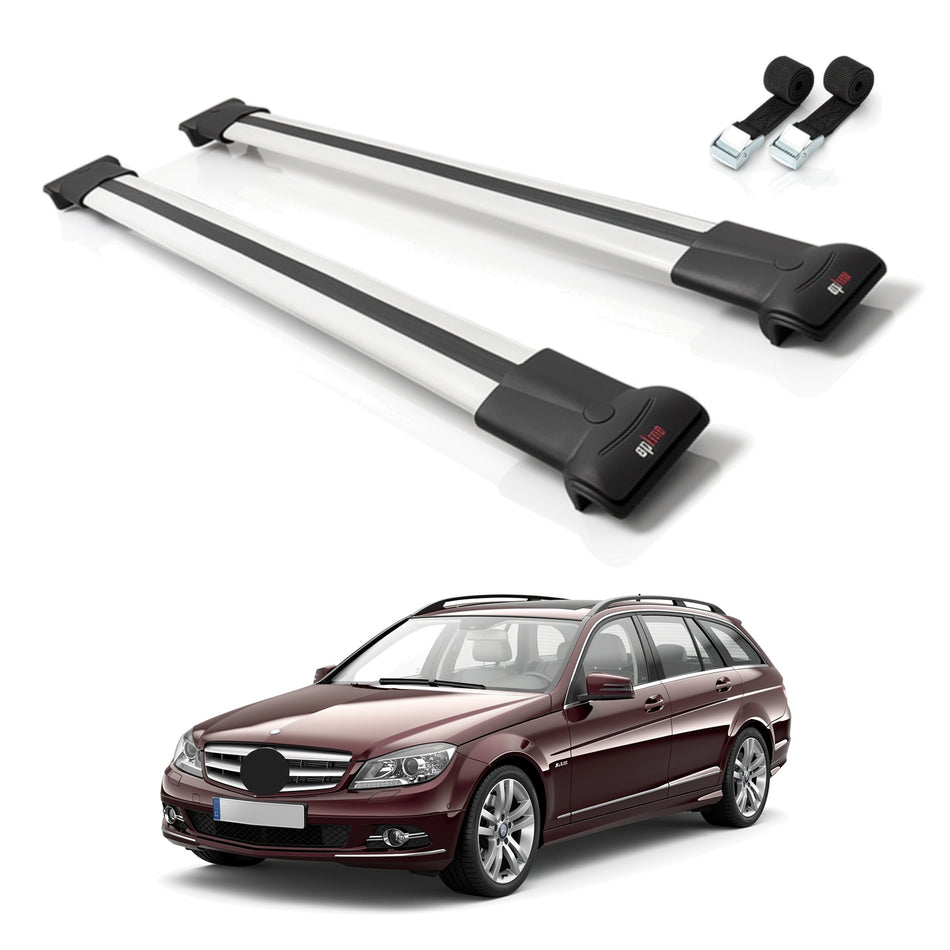 Roof Bars Compatible with Mercedes C Class 3 (S204) 2008-2014, Grey, 2 Bars with Straps